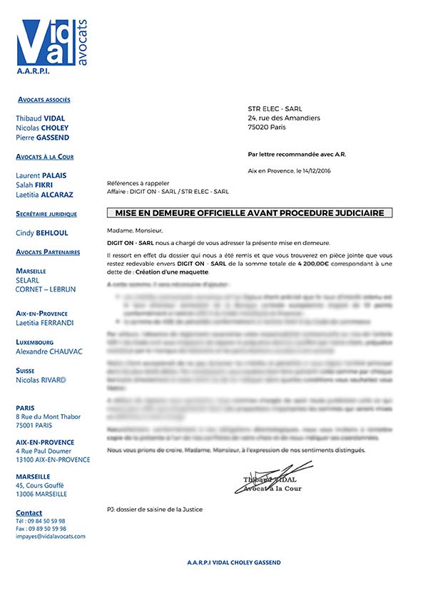 Courrier avocat recouvrement facture