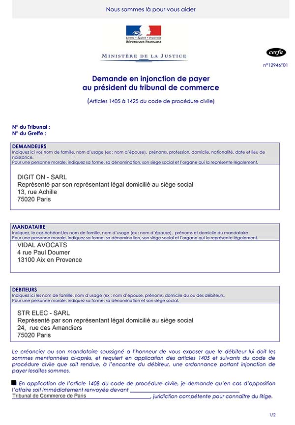 Projet de requête impayé tribunal